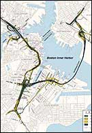 The Big Dig routed Route I-93 underground through downtown Boston and connected the Massachusetts Turnpike to Logan Airport via a tunnel under Boston Harbor. Credit: MassDOT.